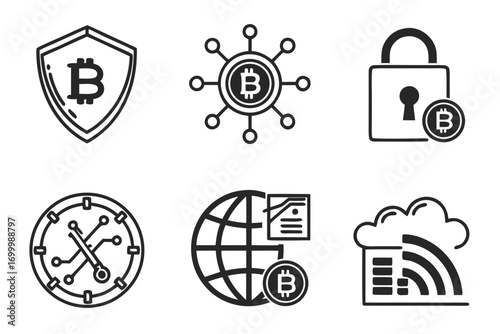 Collection of bitcoin cryptocurrency icons for digital finance and security