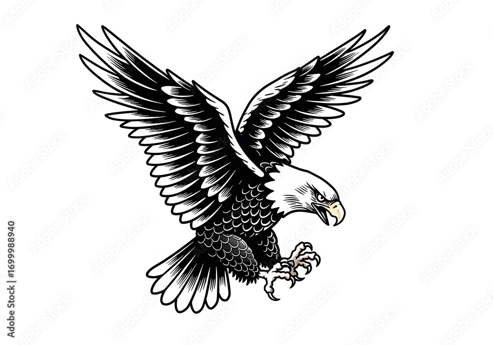 Fototapeta premium Black and White Illustration of an Eagle with Spread Wings in Dynamic Pose