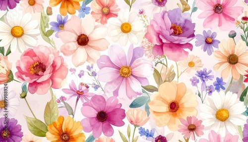 Watercolor floral illustration featuring a seamless arrangement of daisies, lilies, cosmos, and wildflowers in soft pastel tones. Hand-painted style with visible watercolor textures.