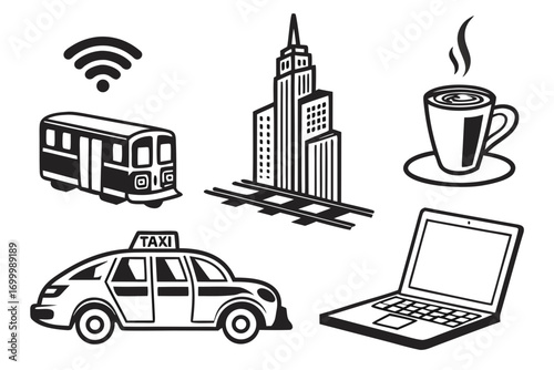 Collection of urban lifestyle icons including a taxi subway skyscraper coffee cup laptop and wifi symbol