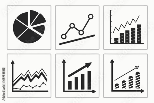 Collection of six simple black and white financial and business graph icons
