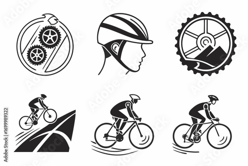 Set of cycling icons and illustrations for sports and fitness