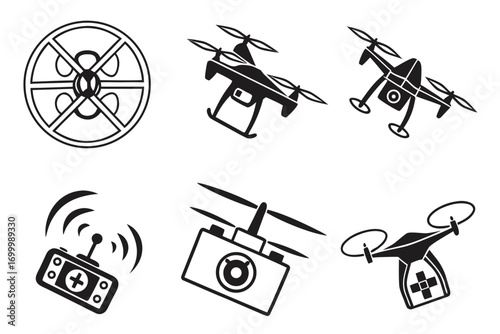 Collection of drone icons and symbols for technology and aviation