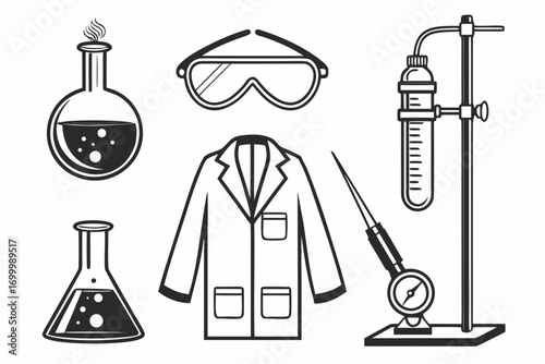 Collection of scientific laboratory equipment and attire