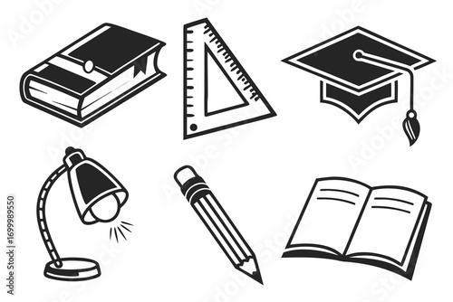 Collection of educational icons including books graduation cap ruler desk lamp and pencil