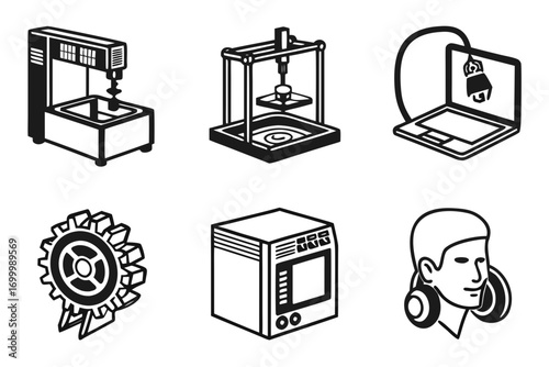 Collection of isometric icons representing technology and manufacturing
