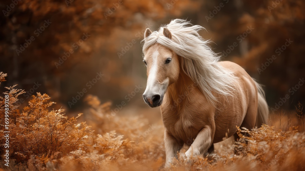 Obraz premium A beautiful palomino horse with a flowing mane runs through an autumn forest filled with golden foliage