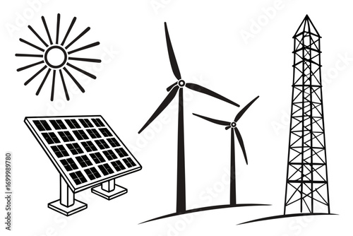 Renewable energy sources solar wind and transmission tower