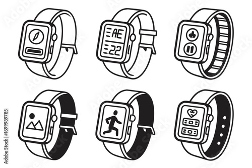 Collection of six modern smartwatches with different app icons displayed on screen