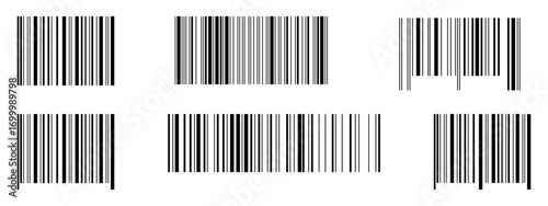 Set of empty barcode label templates without numbers isolated on white background. Bar code pictograms. Mockups of visual data digital representation with product information. Vector illustration