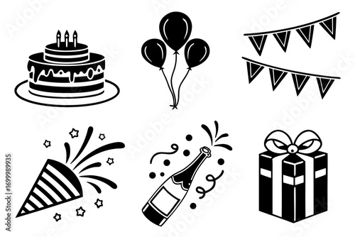 Collection of black and white celebration icons for parties and events