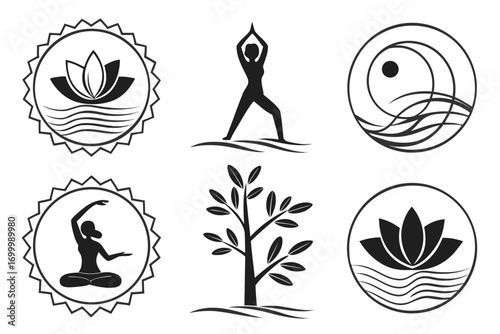Collection of six black and white yoga and wellness icons