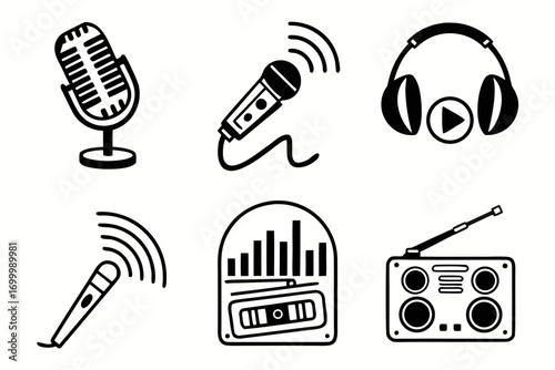 Collection of audio and music icons including microphones headphones and radio