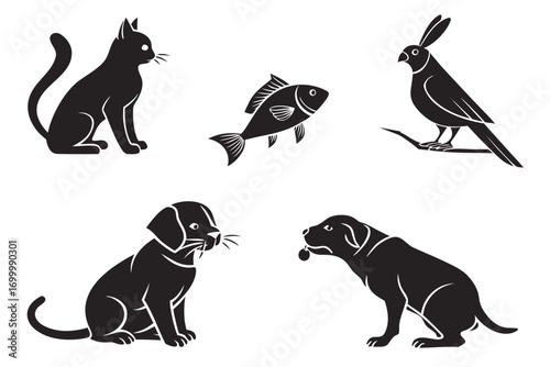 Collection of black silhouette domestic animals and fish on white background