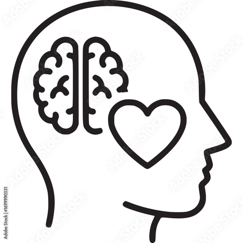 A human head with a brain and heart, representing mental health and emotional wellbeing, isolated on white background this icon symbolizes psychology