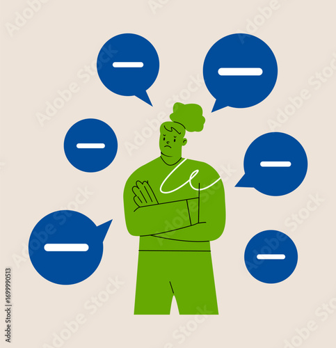 Woman with negative thinking symbol. Negative thinking concept. Colorful vector illustration