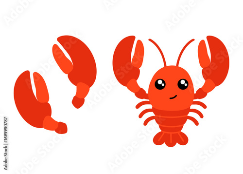 Cute lobster illustration. Cartoon red lobster with claws vector for seafood, marine life, ocean animals, kids design, education, restaurant menu, aquarium, mascot, and summer beach projects.