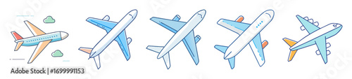 Cartoon illustration of five colorful passenger airplanes flying in various directions