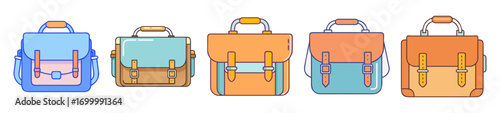 Collection of cartoon style satchels or messenger bags in varied colors