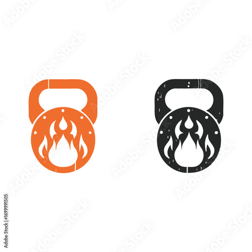 Orange and black kettlebell icons with fire flames and distressed texture fitness