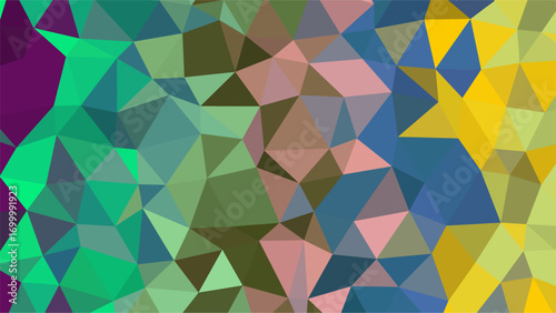 Colorful Low Poly Abstract Background with Green, Pink, Yellow, and Blue Triangles Keywords: abstract, background, geometric, low poly, polygon, triangle, pattern, texture, design