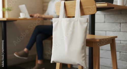 totebag, tote bag, tote-bag mockup for design and fashion. A plain white tote bag hangs from a chair in a cafe, with a person working at a nearby table.