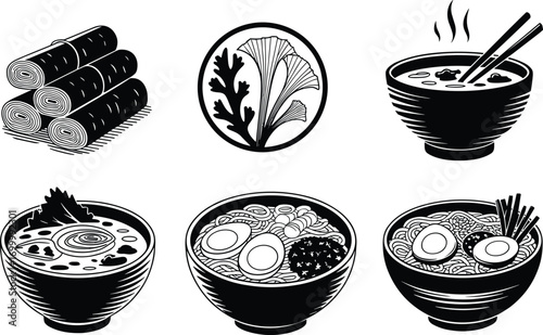 Japanese ramen illustrations, noodle bowls with toppings, black and white food art, traditional Asian cuisine vector, detailed culinary graphic, restaurant menu design elements