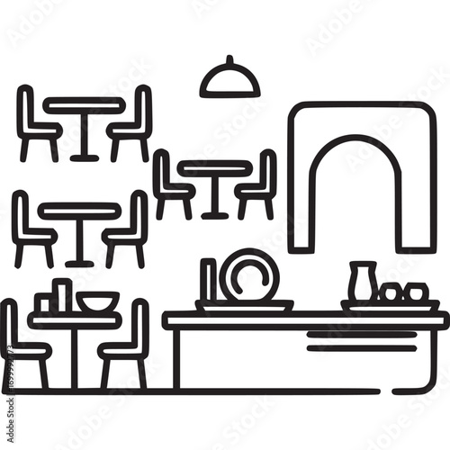 A minimalist line drawing of a restaurant interior, isolated on white background tables, chairs, and a counter create a welcoming dining atmosphere