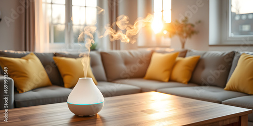 Modern ultrasonic essential oil diffuser emits steam on wooden table. Soft light from setting sun streams through windows illuminating grey sectional sofa with yellow pillows. Creates relaxing