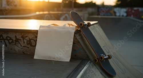 totebag, tote bag, tote-bag mockup for design and fashion. A skateboard and a bag rest on the edge of a skatepark ramp at sunset.