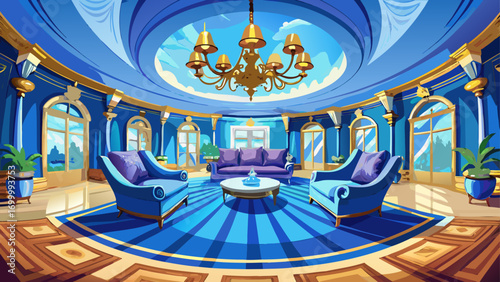 Gorgeous 360-degree panorama of a high-end living room, centered on royal blue velvet couches, chandelier reflections dancing across polished wood floors, evoking sophistication and serene ocean-inspi