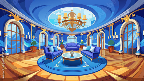 Gorgeous 360-degree panorama of a high-end living room, centered on royal blue velvet couches, chandelier reflections dancing across polished wood floors, evoking sophistication and serene ocean-inspi