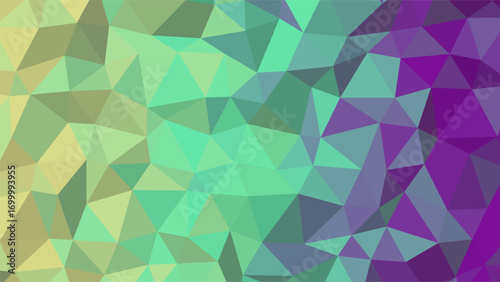 Low Poly Geometric Background with Gradient of Yellow Green Teal and Purple Triangles Keywords: low poly, geometric, background, abstract, pattern, gradient, triangulation, polygon