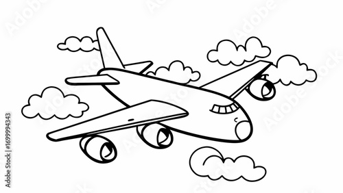 Cartoon Airplane Flying Through Clouds Black and White Line Art Illustration