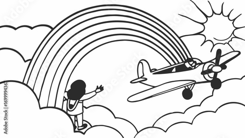 Child Waving at Airplane Flying Through Rainbow in the Sky Illustration