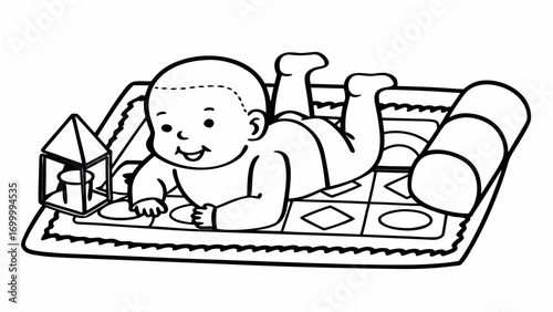 Line art illustration of baby playing on a playmat with toys