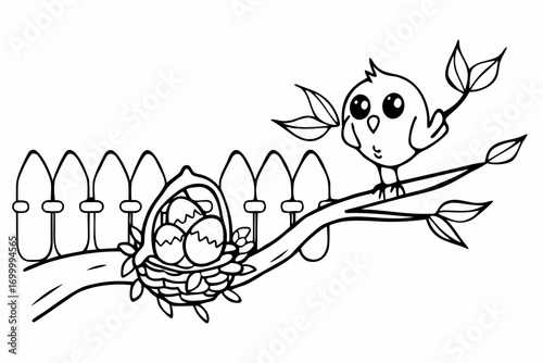 Cute Bird on Branch with Nest and Eggs Outline Illustration for Coloring