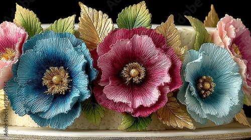 Luxury bridal cake featuring pastel peonies, gold leaf and silver accents on matte black