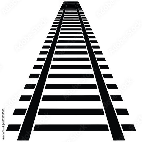 Black and White Railroad Tracks in Perspective on White Background railway train tracks