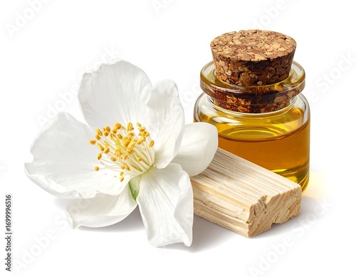 Aromatic composition featuring jasmine flower, wood block and oil in glass bottle