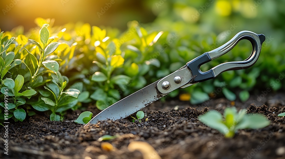 Obraz premium Gardening scissors in soil with sunlight Spring growth, and garden tools.