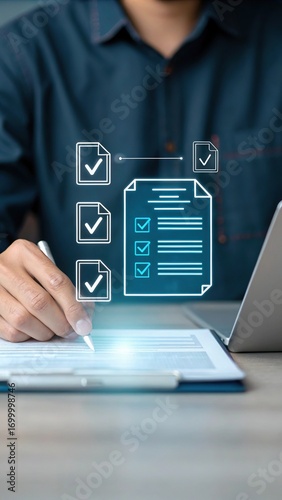 Person signing document with checklist icons