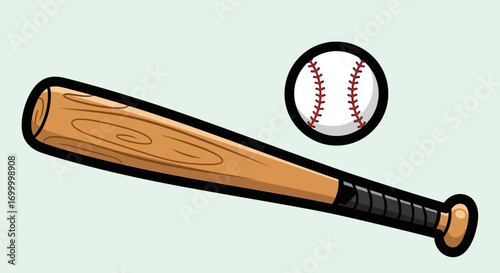 Cartoon illustration of a wooden baseball bat and a white baseball with red stitching.