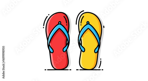 A pair of vibrant red and yellow flip-flops, summer footwear, simple line art design.