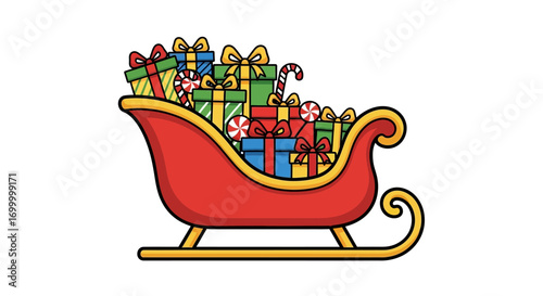 A red sleigh overflowing with Christmas gifts and candy canes.
