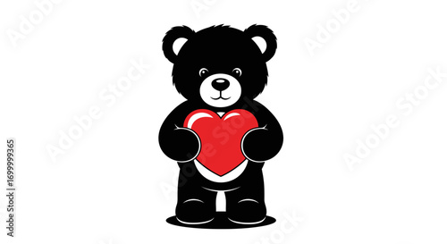 Cute black teddy bear holding a red heart, a simple and heartwarming cartoon illustration.