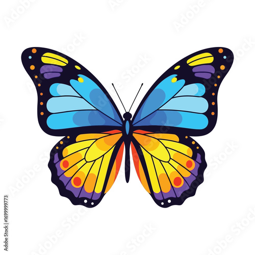 Colorful butterfly with blue, yellow, and purple wings, isolated on white.