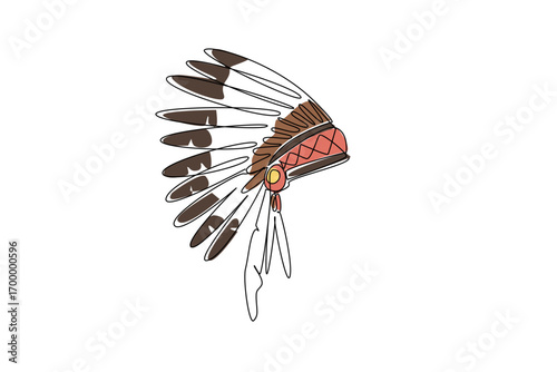 Single line drawing of a Native American man chief headress in profile with ceremonial feather headdress, expressing cultural heritage concept for American Indian Citizenship Day in a history theme.