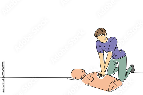 National CPR and AED Awareness design featuring a boy learning CPR on a dummy, education and safety concept in continuous line drawing style, teaching youth life-saving skills.