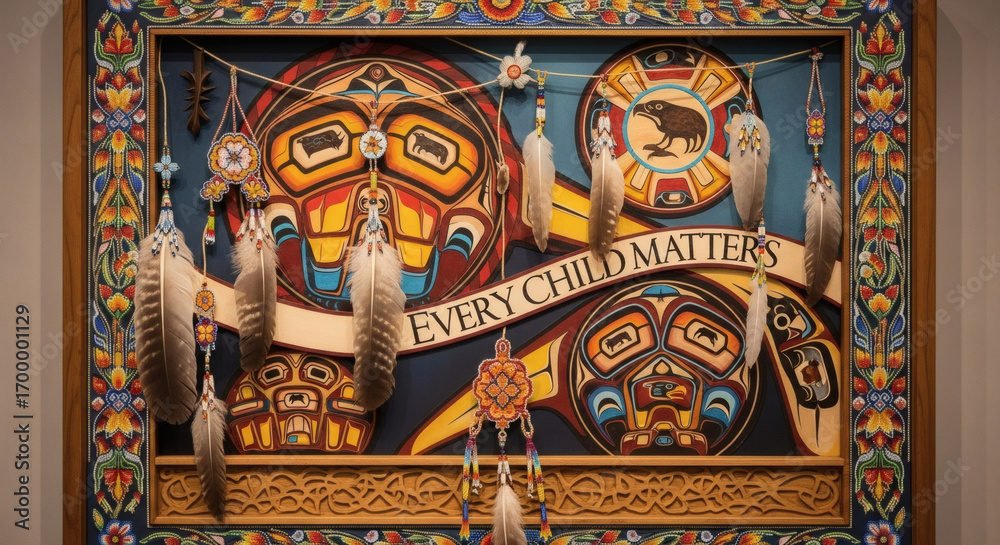 Obraz premium Art piece with traditional Indigenous Canadian patterns, feathers, beadwork, and the phrase ‘Every Child Matters